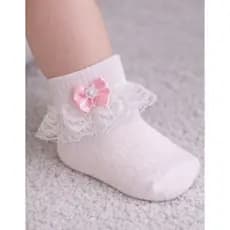 Meia Infantil com Renda e Laço Flor Cano Médio Elegante para Bebês Batizado Casamento