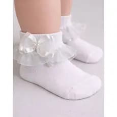 Meia Infantil Bebê com Laço Duplo e Pérolas Cor Branca e Rosa Elegante Confortável Delicada Batizado