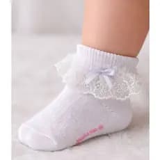 Meia Infantil Bebê Rendada com Laço Branco Delicada Confortável Batizado Casamento