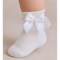 Meia Infantil Branca com Renda e Laço de Pérola Cano Médio Elegante para Bebês