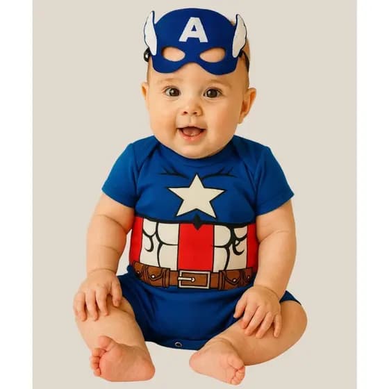 Body Bebê Capitão América com Máscara Super-Herói Confortável Mesversário