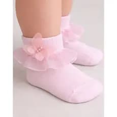 Meia Bebê Babado Borboleta e Pérolas Luxo Infantil Delicada Ideal para Batizado e Festas