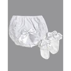 Kit Calcinha Tapa Fralda Branca Laço + Meia Infantil Renda Luxo Batizado