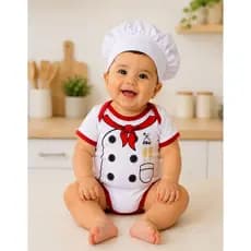 Body Infantil Chef de Cozinha + Touca Fantasia Bebê Menino Mesversário Cozinheiro