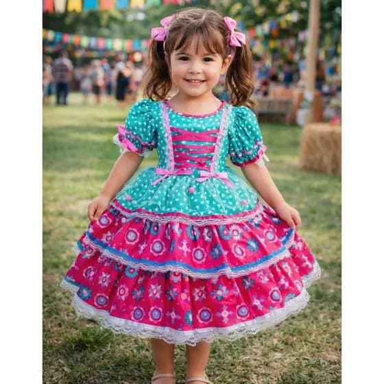 Vestido Festa Junina Infantil Luxo Colorido Rodado Menina Caipira São João Arraiá Rosa