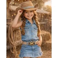 Kit Chapéu Cowboy Infantil Cinto Fivela Cavalo Country Menina Look Festa Junina Arraiá Rosa Conjunto