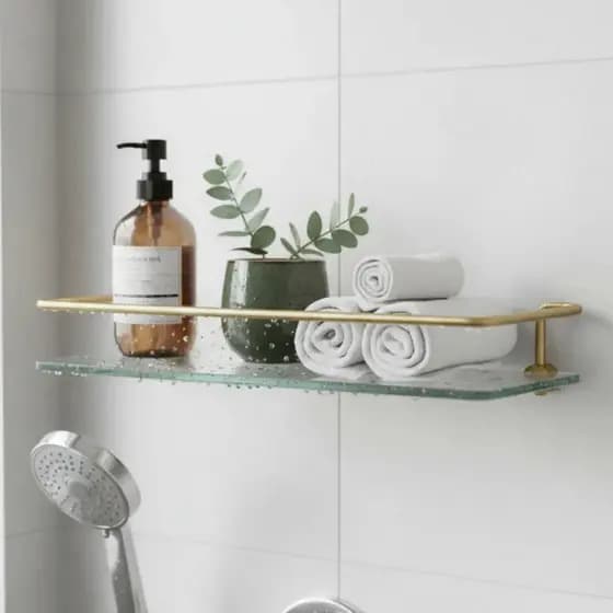 Suporte/ Porta Shampoo Reto Dourado com Base de Vidro 6mm
