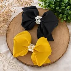 Kit 2 Laços Infantil Luxo Preto e Amarelo | Laço Elegante com Pérola