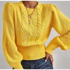 Blusa de frio tricot manga bufante com detalhe 3 trancas moda 2022