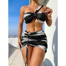 Biquíni Estampado Kits 3 Peças Com Saia Tule So Um Ombro