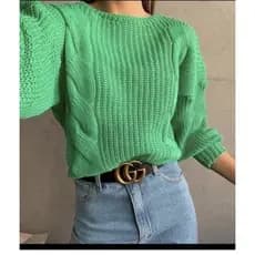 Blusa Feminina Trico Cropped Trançada Manga Bufante
