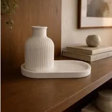Kit Vaso Ceramica Decorativo Branco Bandeja Cimento Minimalista Moderno Sala Quarto Escritorio Luxo