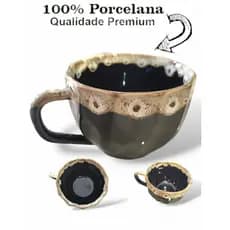 Jogo 6 unidades Xícara Chá Café Borda Personalizada 200ml Preta Alça Porcelana Qualidade Premium