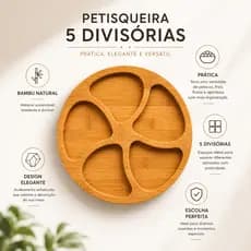 Petisqueira de bambu 5 divisórias 25cm porta petisco aperitivos servir frios queijos mesa posta café da manhã