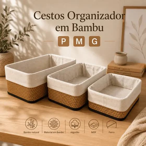Cesto Organizador de Bambu com Forro P M G Kit Cesta Decorativa Multiuso Roupas Brinquedos Lavanderia Premium Elegante