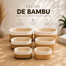Cesto Organizador Bambu Multiuso com Forro Banheiro Lavanderia Decoração Cosmeticos Pequeno Grande