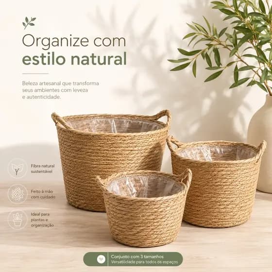 Cesto de Fibra Natural Artesanal Organizador Sustentável Multiuso Decorativo para Casa, Banheiro, Quarto e Lavanderia