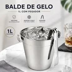Balde de Gelo 1 Litro Inox com Pegador Bebidas geladas Champanhe Cerveja Bar Festas Restaurante Elegante Prático