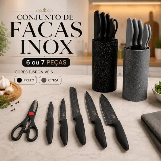 Conjunto de Facas Inox 6 e 7 Peças Kit Cozinha Jogo de Faca Churrasco Açougue Faqueiro Tesoura Cutelaria Completo Preto