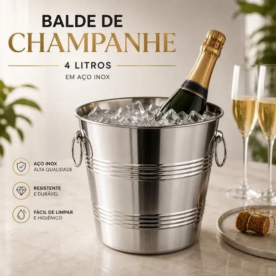 Balde para Champanhe 4 Litros Aço Inox Champanheira Cerveja Resfriamento de Bebidas com Alças Para Gelo