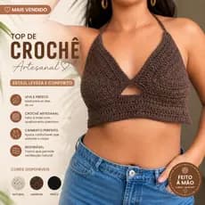 Top de Crochê Feminino Artesanal Moda Praia Verão Cropped Amarração