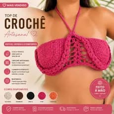 Top Crochê Feminino Artesanal com Corrente Frente Única Moda Praia Verão
