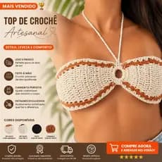 Top Crochê Feminino Artesanal Tomara Que Caia com Recorte Frontal Moda Praia