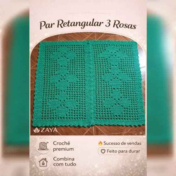 Par de Tapetes Crochê Artesanal Retangular 3 Rosas Cozinha Sala Quarto