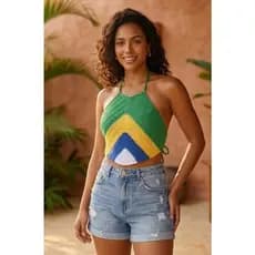 Top Cropped Crochê Feminino Artesanal Colorido Ajustável Moda Verão Praia Blogueira Cores Brasil