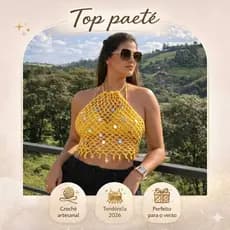 Top Crochê Artesanal Feminino com Paetê Brilhante Frente Única Verão Moda Praia Boho