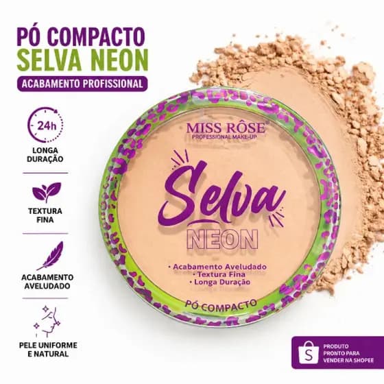 Pó Compacto Facial Miss Rôse Selva Neon Maquiagem Profissional Acabamento Aveludado c 3