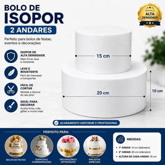 Bolo Fake De Isopor Duas Partes 15cm e 20cm Base Branco