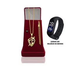 Corrente Masculina Banhada a Ouro Cadeado 2mm Com Pulseira e  Pingente Escudo Da Fé + Relógio Digital Prova Dagua