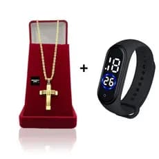 Corrente Masculina Infantil Piastrini 3mm Banhado Ouro Com Pingente Cruz Europeia + Relógio Digital Prova Dagua  Correntinha Infantil