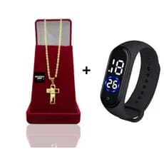 Corrente Masculina Infantil Cordão Piastrini 3mm Banhado Ouro Com Pingente Cruz Face de Cristo  + Relógio Digital Prova Dagua  Correntinha Masculina Infantil