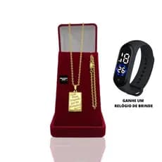 Corrente Masculina Banhada a Ouro Cadeado 2mm Com Pulseira e  Pingente Tudo Possso + Relógio Digital Prova Dagua