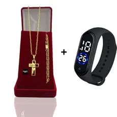 Corrente Masculina Infantil Banhado Ouro 2mm Com Pulseira e Pingente Cruz Face de Cristo +  Relógio Digital Prova Dagua Correntinha Masculina Infantil