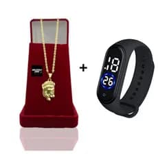 Corrente Masculina Infantil Piastrini 3mm Banhado Ouro Com Pingente  Face de Cristo  + Relógio Digital Prova Dagua  Correntinha Infantil