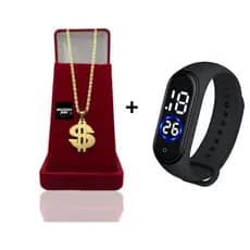 Corrente Infantil Menino Cordão Piastrini 3mm Banhado Ouro Com Pingente Cifrão + Relógio Digital Prova Dagua  Correntinha Masculina Infantil