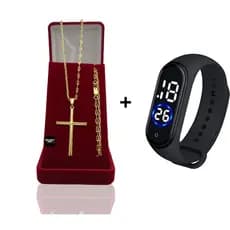 Corrente Masculina Infantil Banhado Ouro 2mm Com Pulseira e Pingente Cruz Palito G +  Relógio Digital Prova Dagua