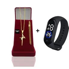 Corrente Masculina Cadeado 2mm banhado a Ouro  + Pulseira  Com Pingente Letra Fé + Relógio De Pulso Digital