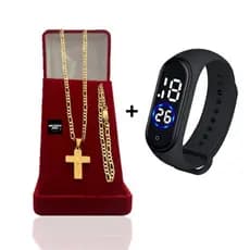 Corrente Masculina Banhado Ouro 3x1 (3mm)+ Pulseira Com Pingente  Cruz Pai Nosso + Relógio Digital Prova Dagua