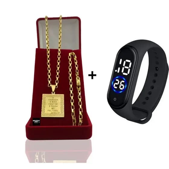 Correntinha Masculina Banhado Ouro Tijolinho 3mm Com Pulseira e Pingente Senhor Meu Pastor + Relógio Digital Prova Dagua Correntinha Masculina