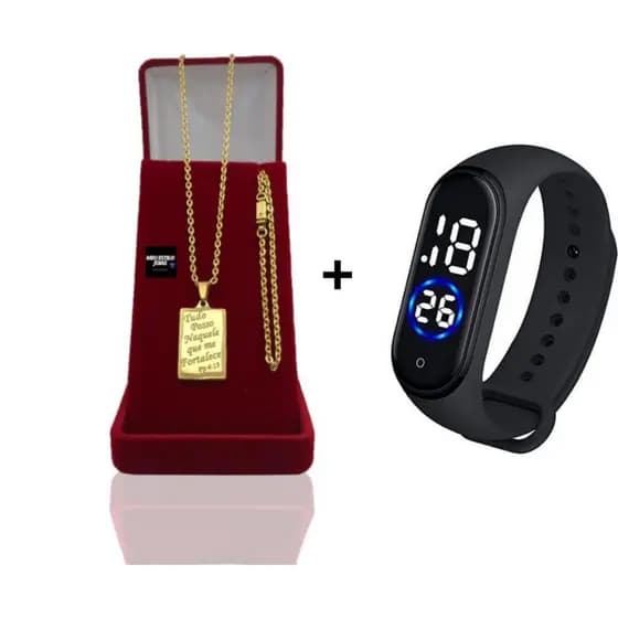 Corrente Masculina Infantil Cadeado Banhado Ouro 2mm Com Pulseira e Pingente  Tudo Posso + Relógio Digital Prova Dagua