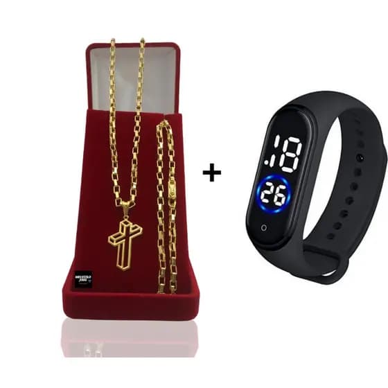 Correntinha Masculina Banhado Ouro Tijolinho 3mm Com Pulseira e Pingente Cruz 3 D + Relógio Digital Prova Dagua Correntinha Masculina