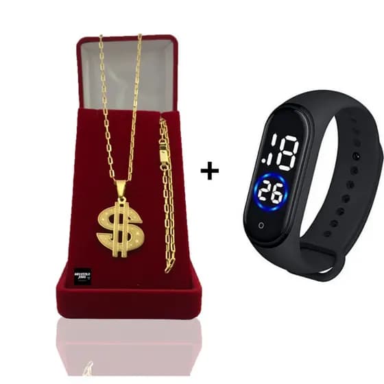 Corrente Masculina Infantil Banhado Ouro 2mm Com Pulseira e Pingente Cifrão +  Relógio Digital Prova Dagua