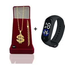 Corrente Masculina Infantil Banhado Ouro 2mm Com Pulseira e Pingente Cifrão +  Relógio Digital Prova Dagua
