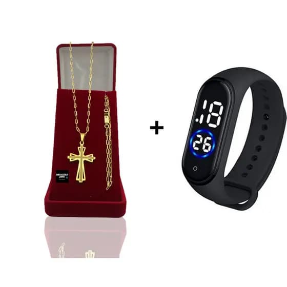 Corrente Masculina Infantil Banhado Ouro 2mm Com Pulseira e Pingente  Cruz Van Relsen +  Relógio Digital Prova Dagua Correntinha Masculina Infantil