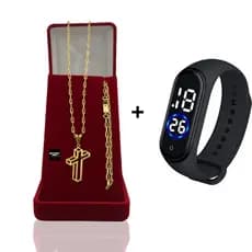 Correntinha Masculina Banhado Ouro 2mm Com Pulseira e Pingente Cruz 3 D + Relógio Digital Prova Dagua