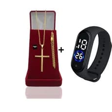 Corrente Masculina Infantil Cadeado Banhado Ouro 2mm  Pulseira e Pingente Cruz Palito +  Relógio Digital Prova Dagua